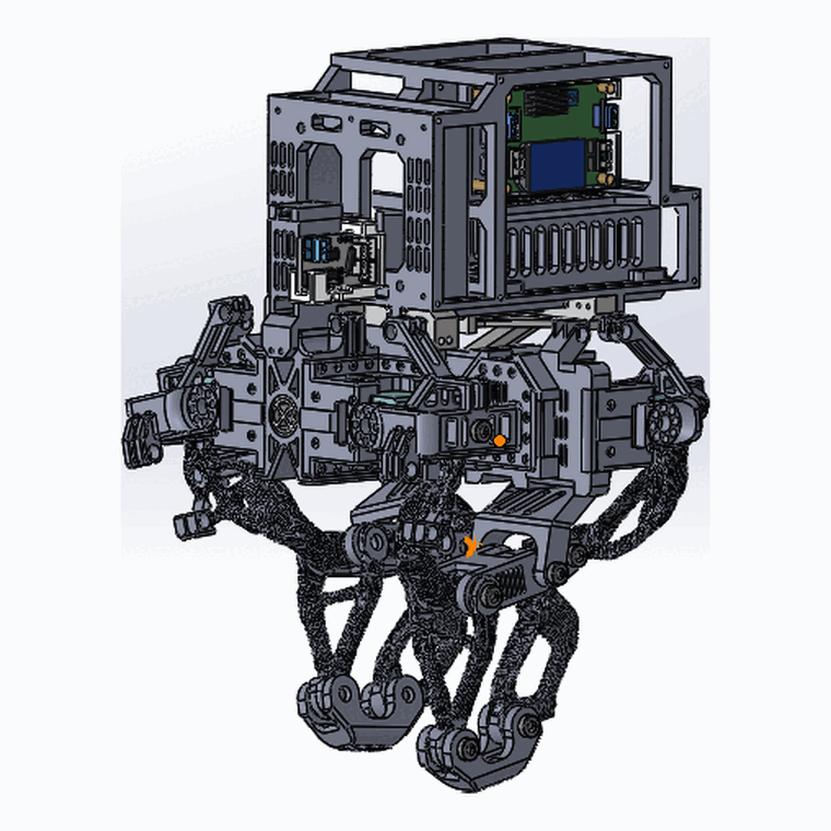 CAD assembly of a walking robot: instrument bay above, six articulated legs below.
